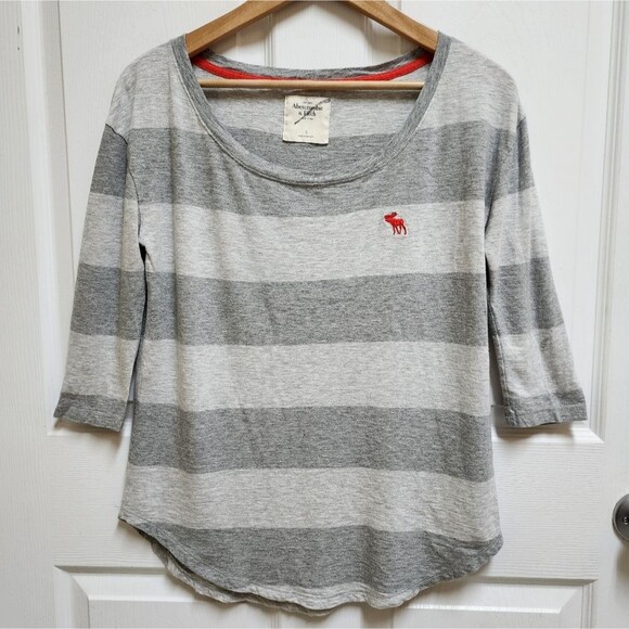 Abercrombie & Fitch T Shirt Womens S Gray Striped Modal Blend 3/4 Sleeve Logo - Picture 1 of 10